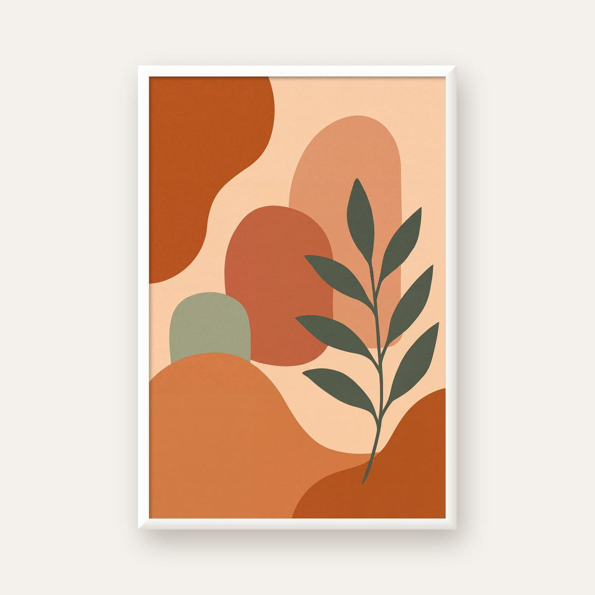 Soyut Bitki ve Şekiller Poster – Modern Minimal Sanat Baskısı — beyaz çerçeveli dikey poster
