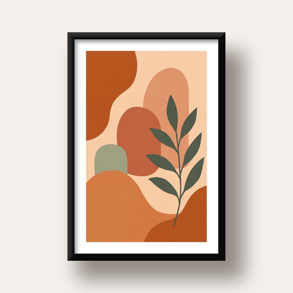 Soyut Bitki ve Şekiller Poster – Modern Minimal Sanat Baskısı — siyah derin çerçeveli paspartulu