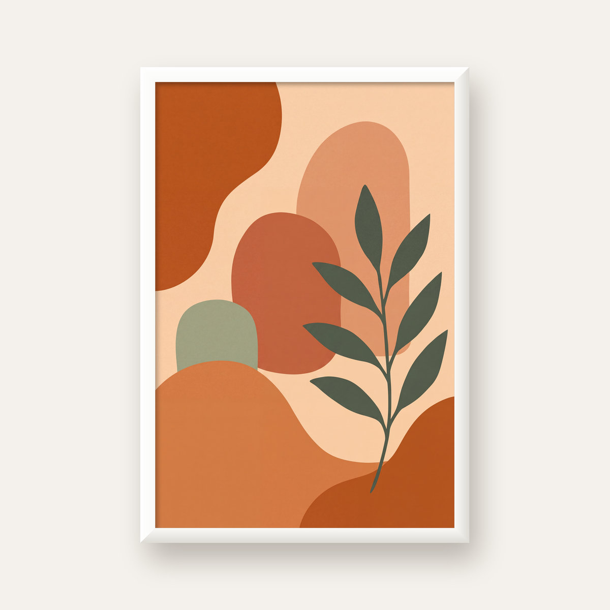 Soyut Bitki ve Şekiller Poster – Modern Minimal Sanat Baskısı — beyaz çerçeveli dikey poster
