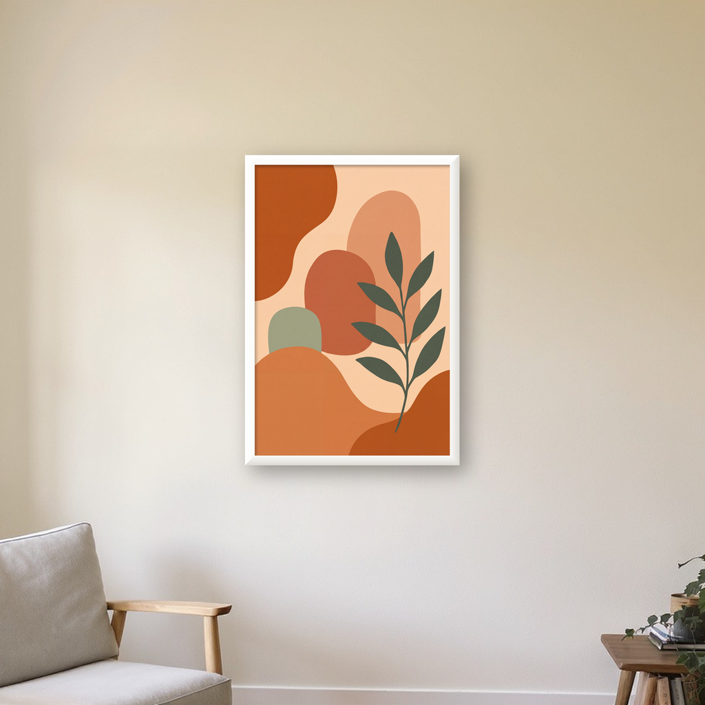 Soyut Bitki ve Şekiller Poster – Modern Minimal Sanat Baskısı — beyaz çerçeveli dikey poster