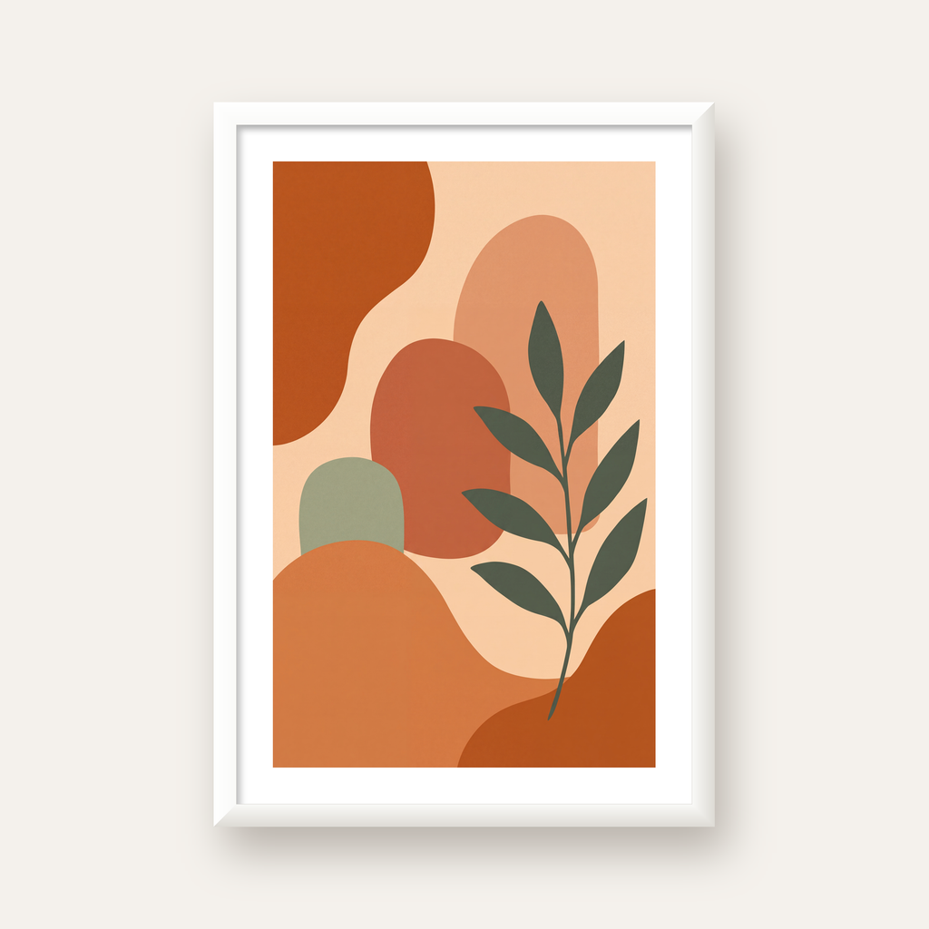 Soyut Bitki ve Şekiller Poster – Modern Minimal Sanat Baskısı — beyaz çerçeveli dikey poster