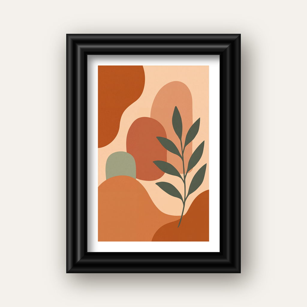 Soyut Bitki ve Şekiller Poster – Modern Minimal Sanat Baskısı — siyah galeri çerçeveli paspartulu