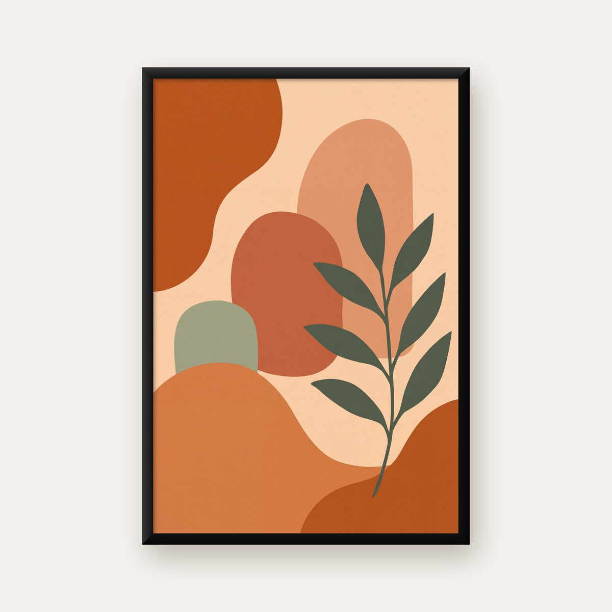 Soyut Bitki ve Şekiller Poster – Modern Minimal Sanat Baskısı — ceviz çerçeveli