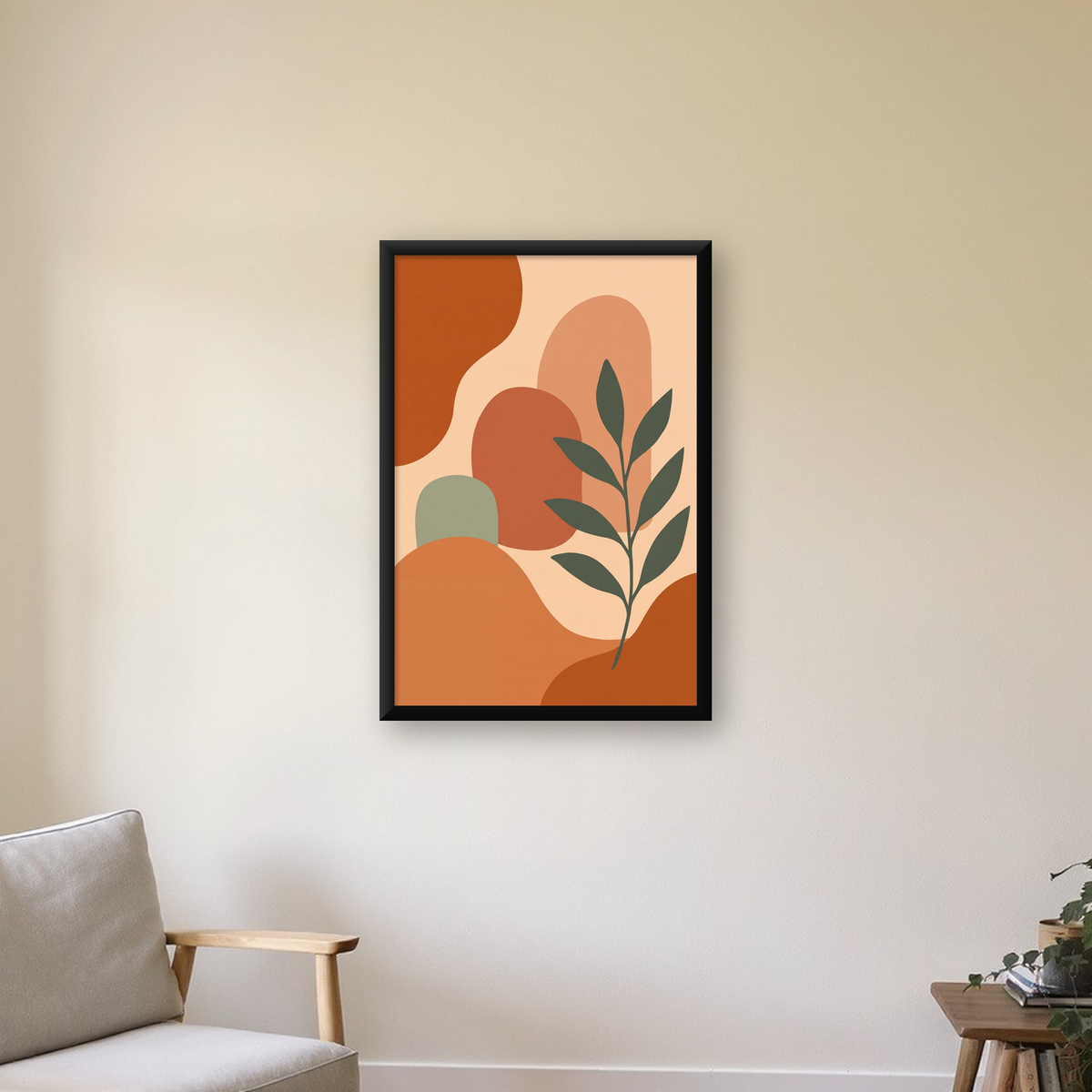 Soyut Bitki ve Şekiller Poster – Modern Minimal Sanat Baskısı — duvarda, düz siyah çerçeveli