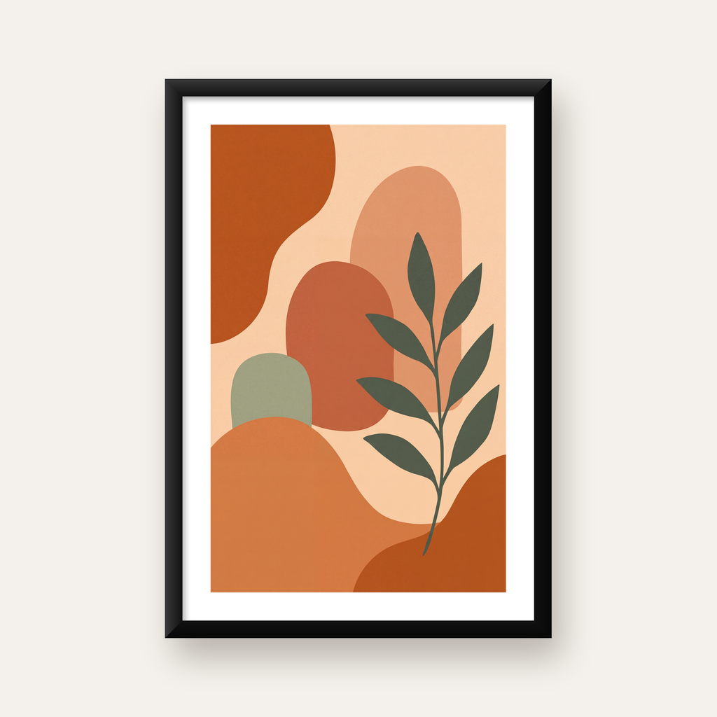 Soyut Bitki ve Şekiller Poster – Modern Minimal Sanat Baskısı — beyaz paspartulu, düz siyah çerçeveli