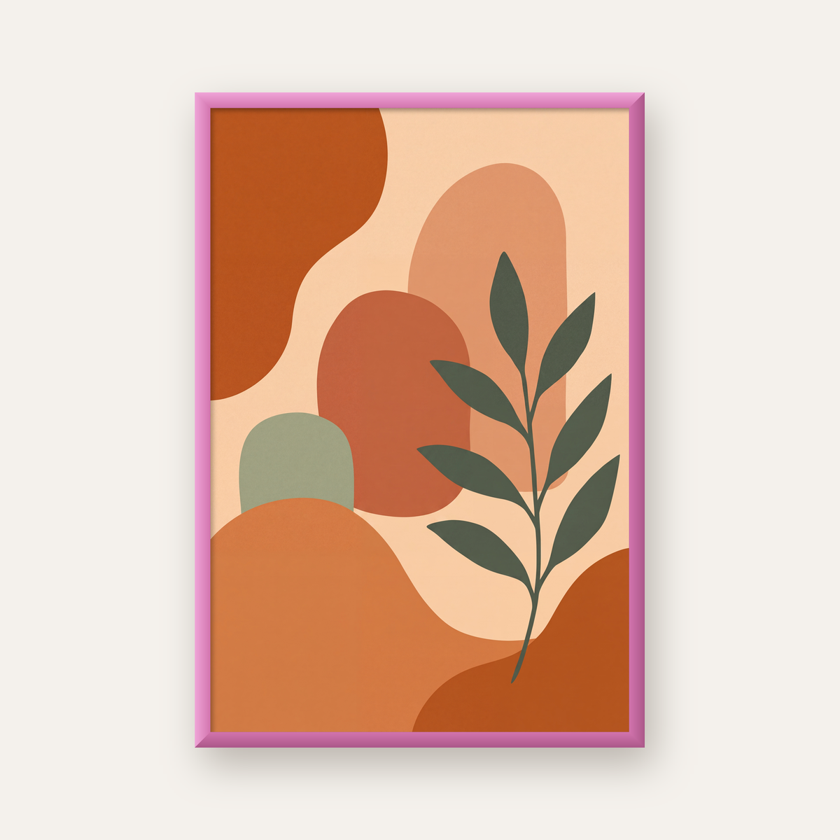 Soyut Bitki ve Şekiller Poster – Modern Minimal Sanat Baskısı — pembe çerçeveli