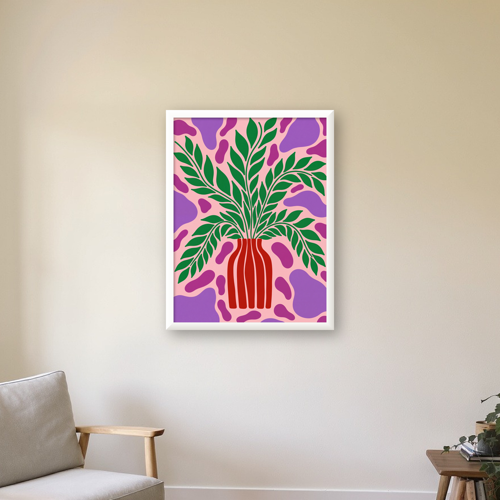 Soyut Bitki ve Vazo Poster – Minimalist Modern Dekor — beyaz çerçeveli dikey poster