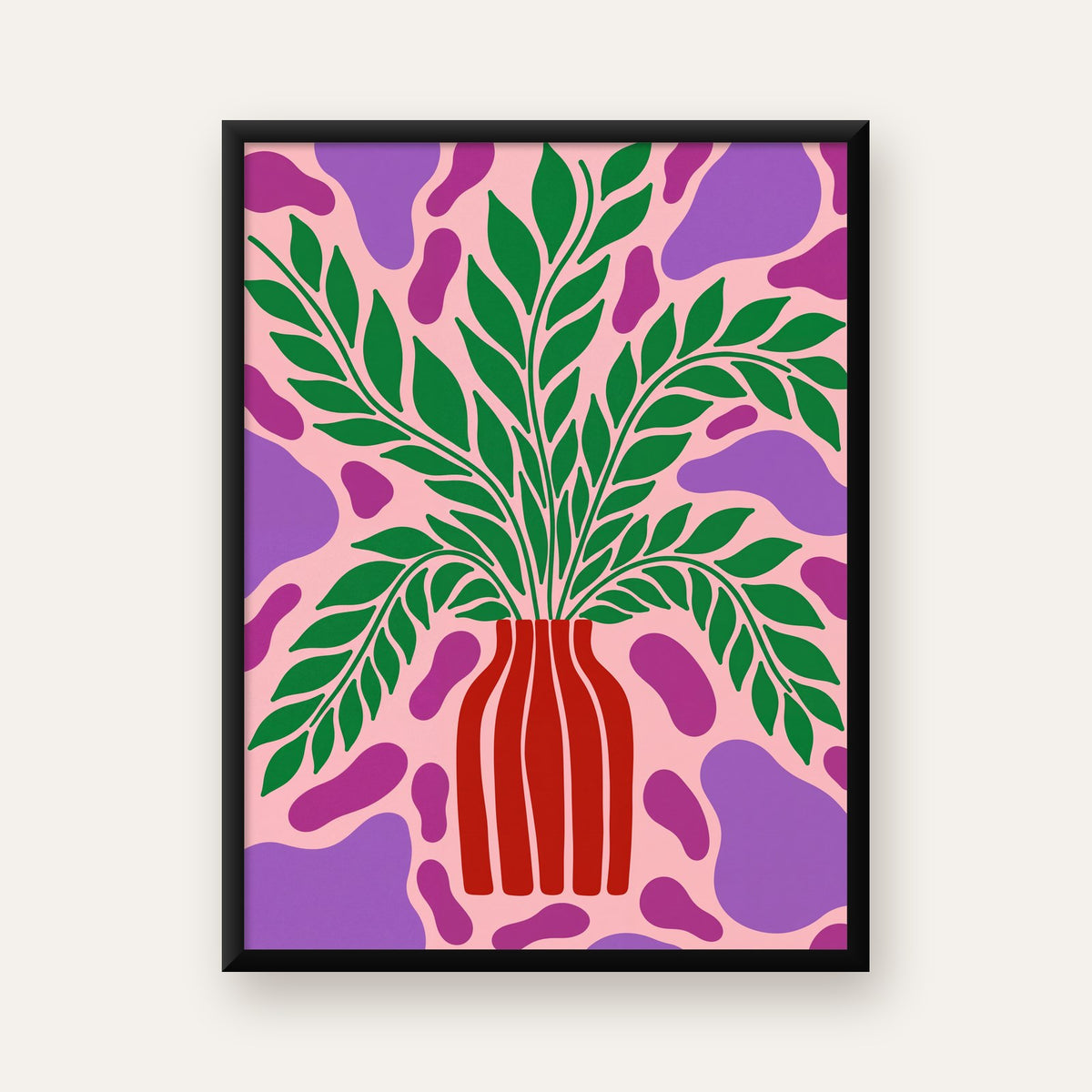 Soyut Bitki ve Vazo Poster – Minimalist Modern Dekor — Dikey baskı, düz siyah çerçeveli duvar posteri