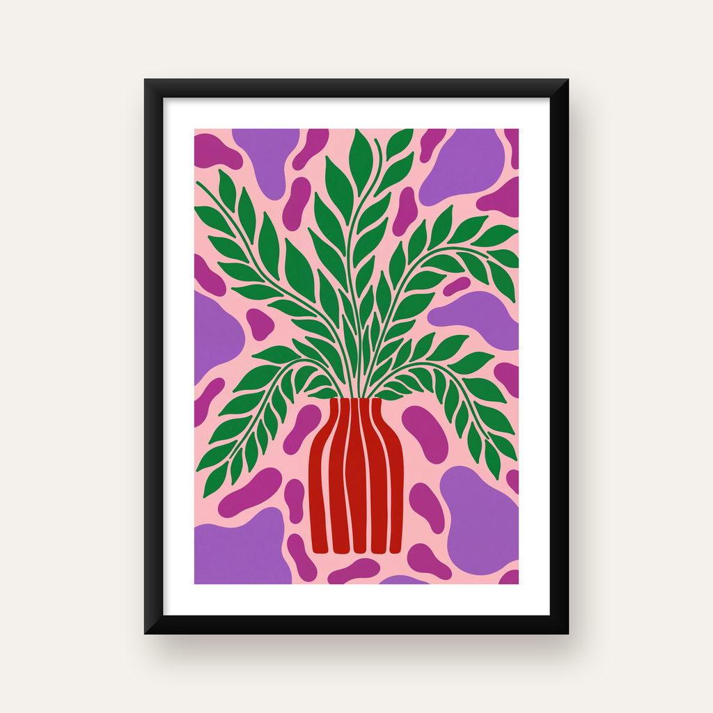 Soyut Bitki ve Vazo Poster – Minimalist Modern Dekor — Dikey baskı, beyaz paspartulu