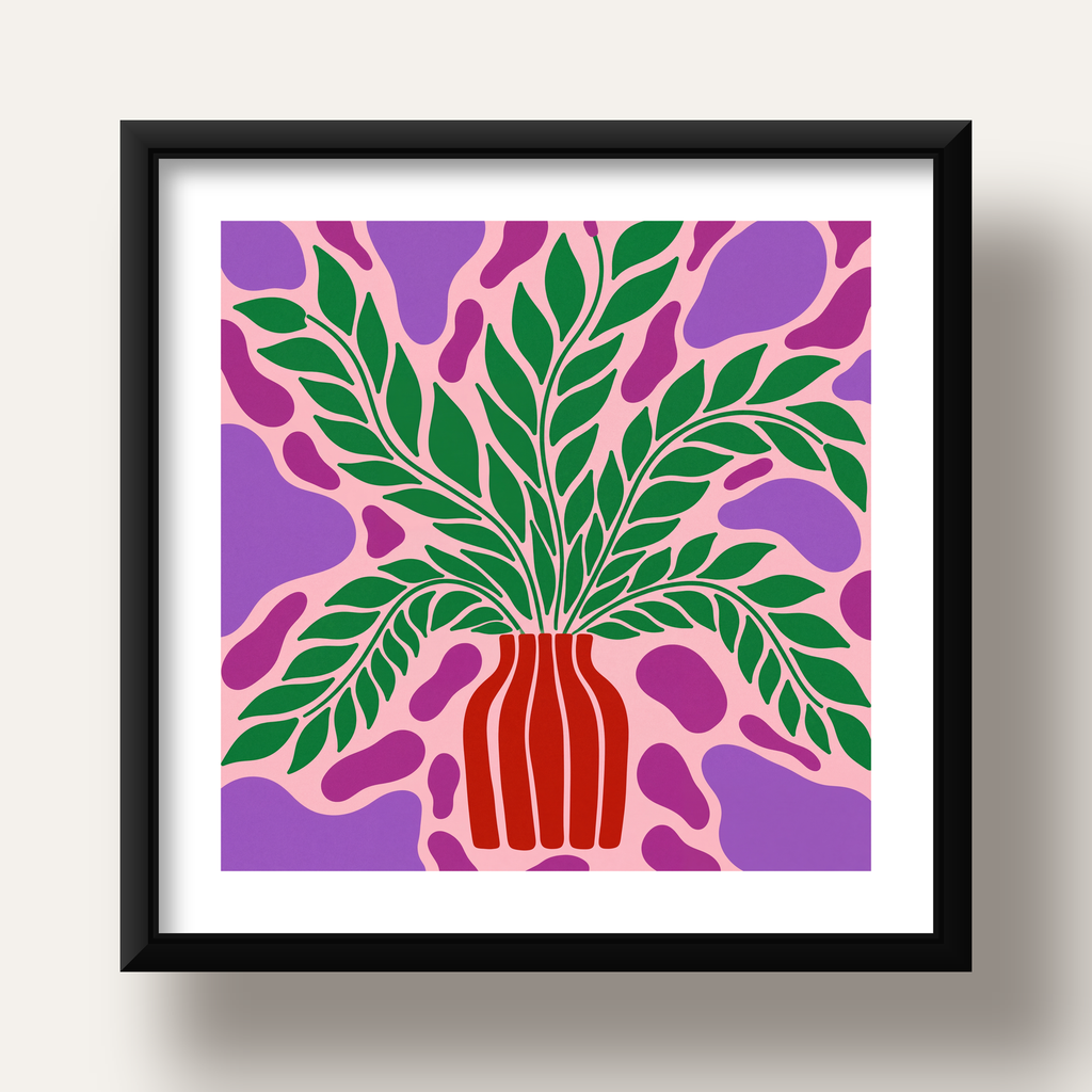 Soyut Bitki ve Vazo Poster – Minimalist Modern Dekor — siyah derin çerçeveli paspartulu
