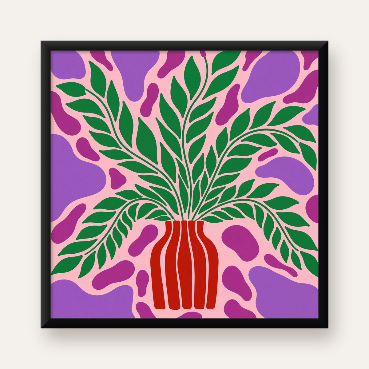 Soyut Bitki ve Vazo Poster – Minimalist Modern Dekor — Kare baskı, düz siyah çerçeveli duvar posteri