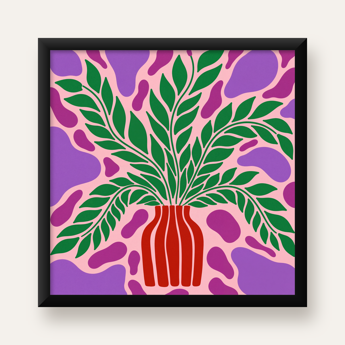 Soyut Bitki ve Vazo Poster – Minimalist Modern Dekor — Kare baskı, düz siyah çerçeveli duvar posteri