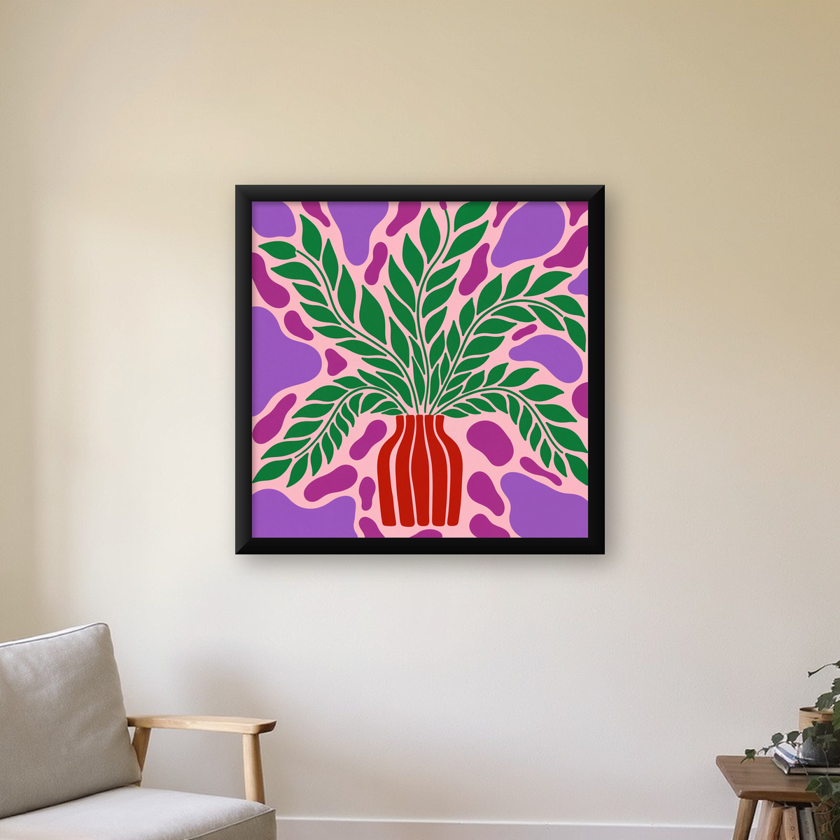 Soyut Bitki ve Vazo Poster – Minimalist Modern Dekor — Kare baskı, çerçeveli hâliyle bir ev duvarında