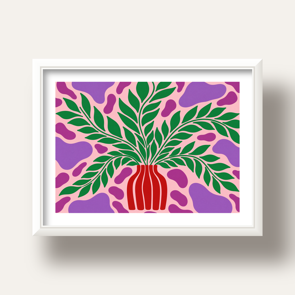 Soyut Bitki ve Vazo Poster – Minimalist Modern Dekor — beyaz derin çerçeveli paspartulu