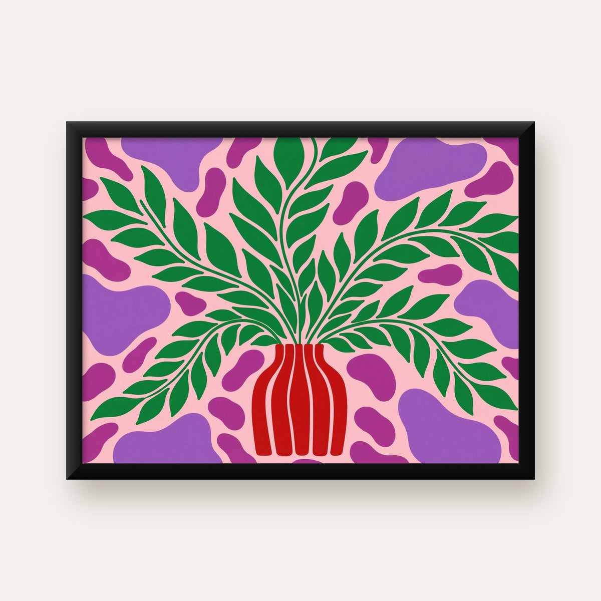 Soyut Bitki ve Vazo Poster – Minimalist Modern Dekor — Yatay baskı, düz siyah çerçeveli duvar posteri