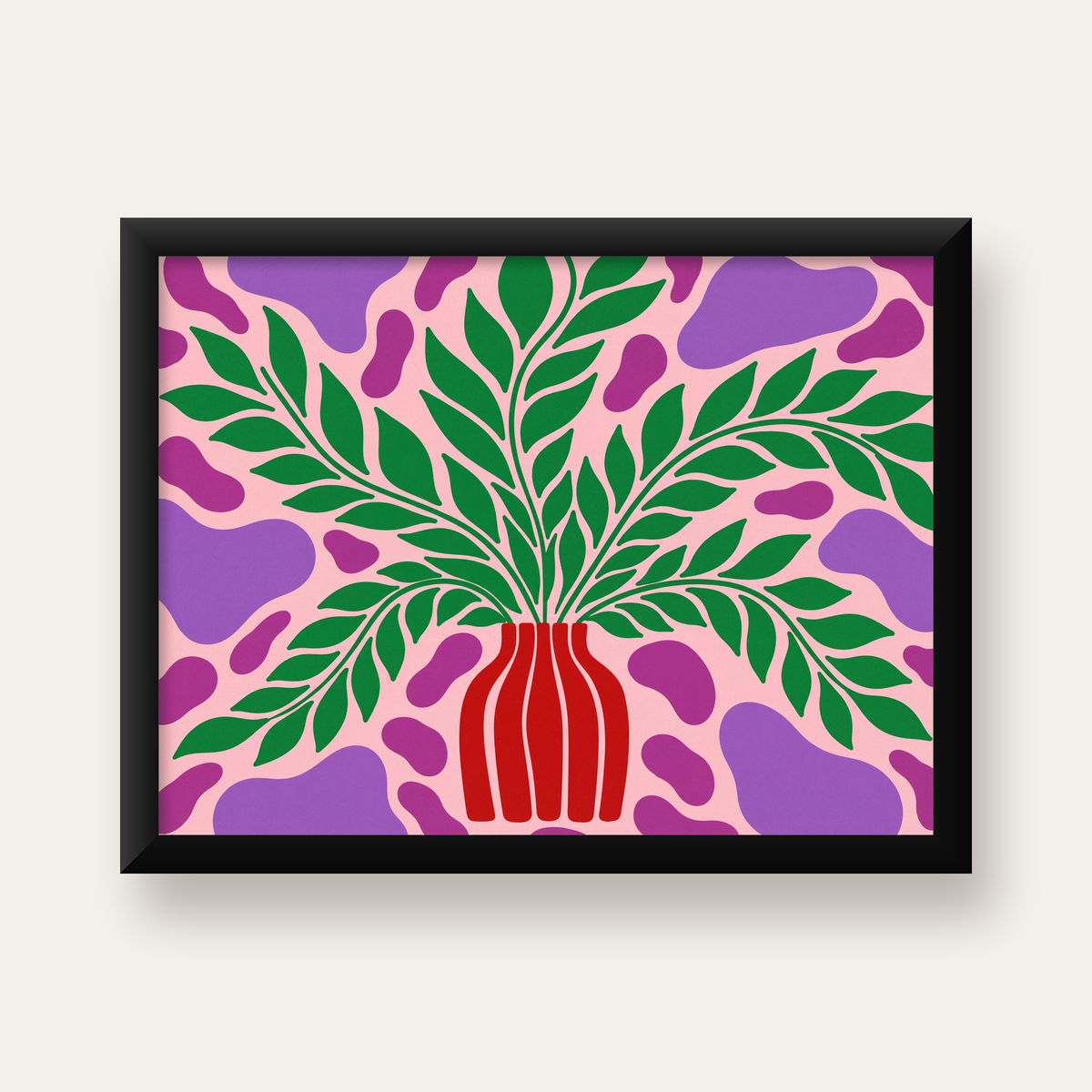 Soyut Bitki ve Vazo Poster – Minimalist Modern Dekor — Yatay baskı, düz siyah çerçeveli duvar posteri