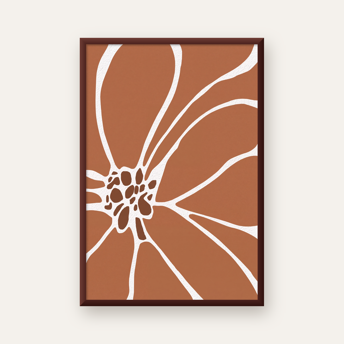Soyut Çiçek Desenli Minimal Poster – Kahverengi & Beyaz — ceviz çerçeveli