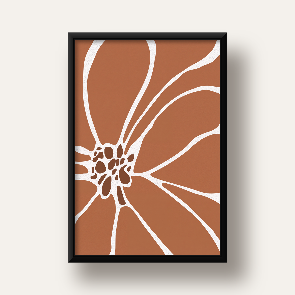 Soyut Çiçek Desenli Minimal Poster – Kahverengi & Beyaz — siyah derin çerçeveli