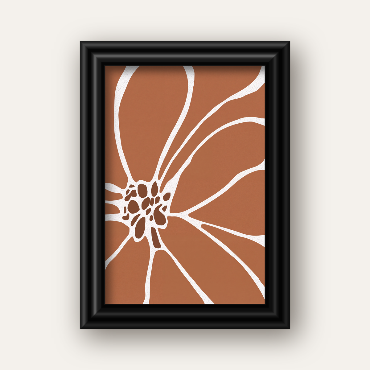 Soyut Çiçek Desenli Minimal Poster – Kahverengi & Beyaz — siyah galeri çerçeveli