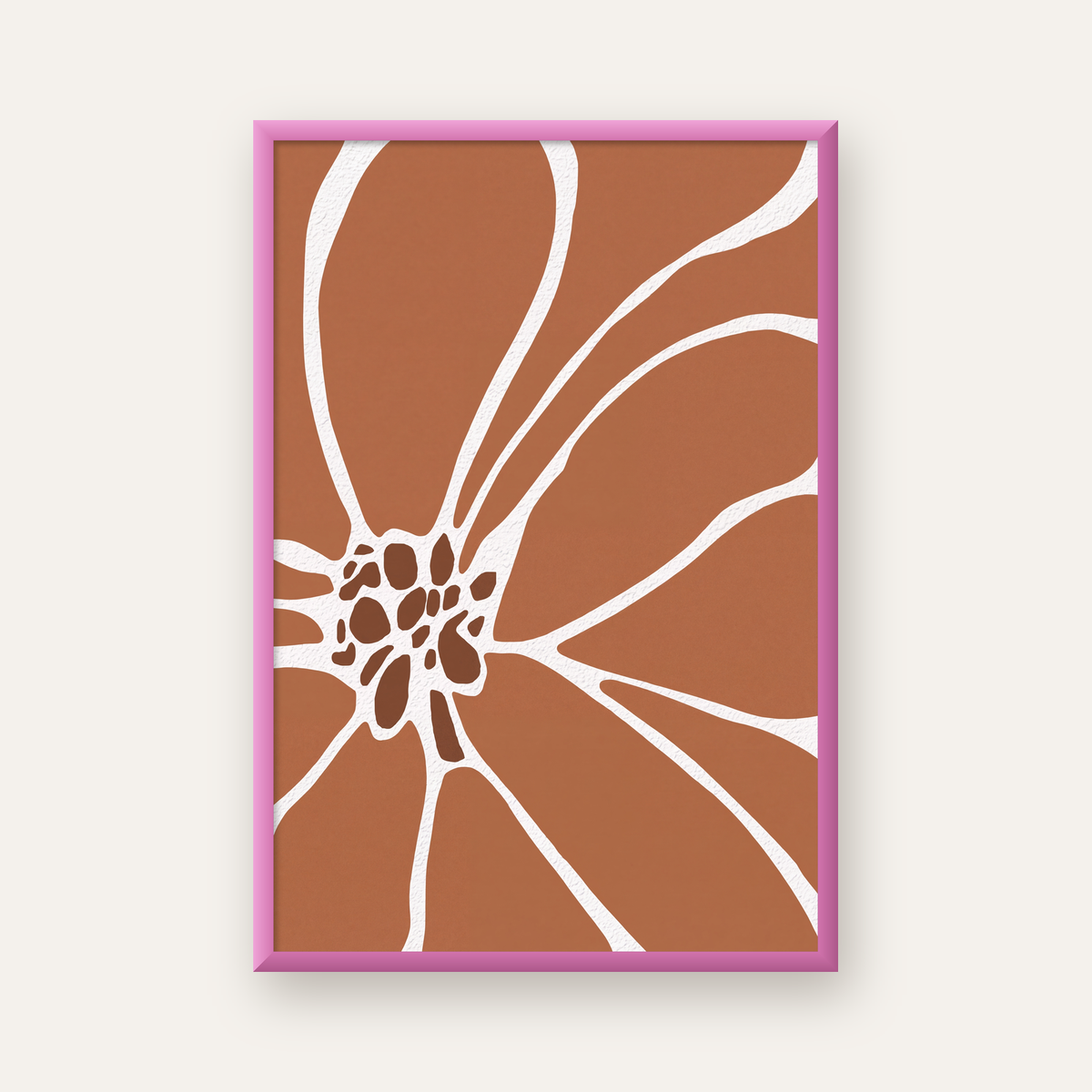 Soyut Çiçek Desenli Minimal Poster – Kahverengi & Beyaz — pembe çerçeveli