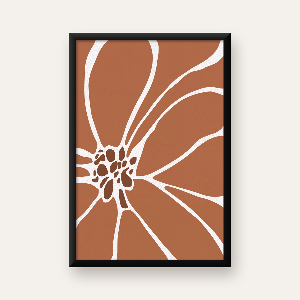 Soyut Çiçek Desenli Minimal Poster – Kahverengi & Beyaz — düz siyah çerçeveli duvar posteri