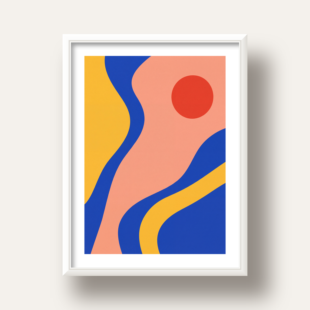 Soyut Dalga Desenli Minimal Dijital Poster - Modern Duvar Sanatı — beyaz derin çerçeveli paspartulu