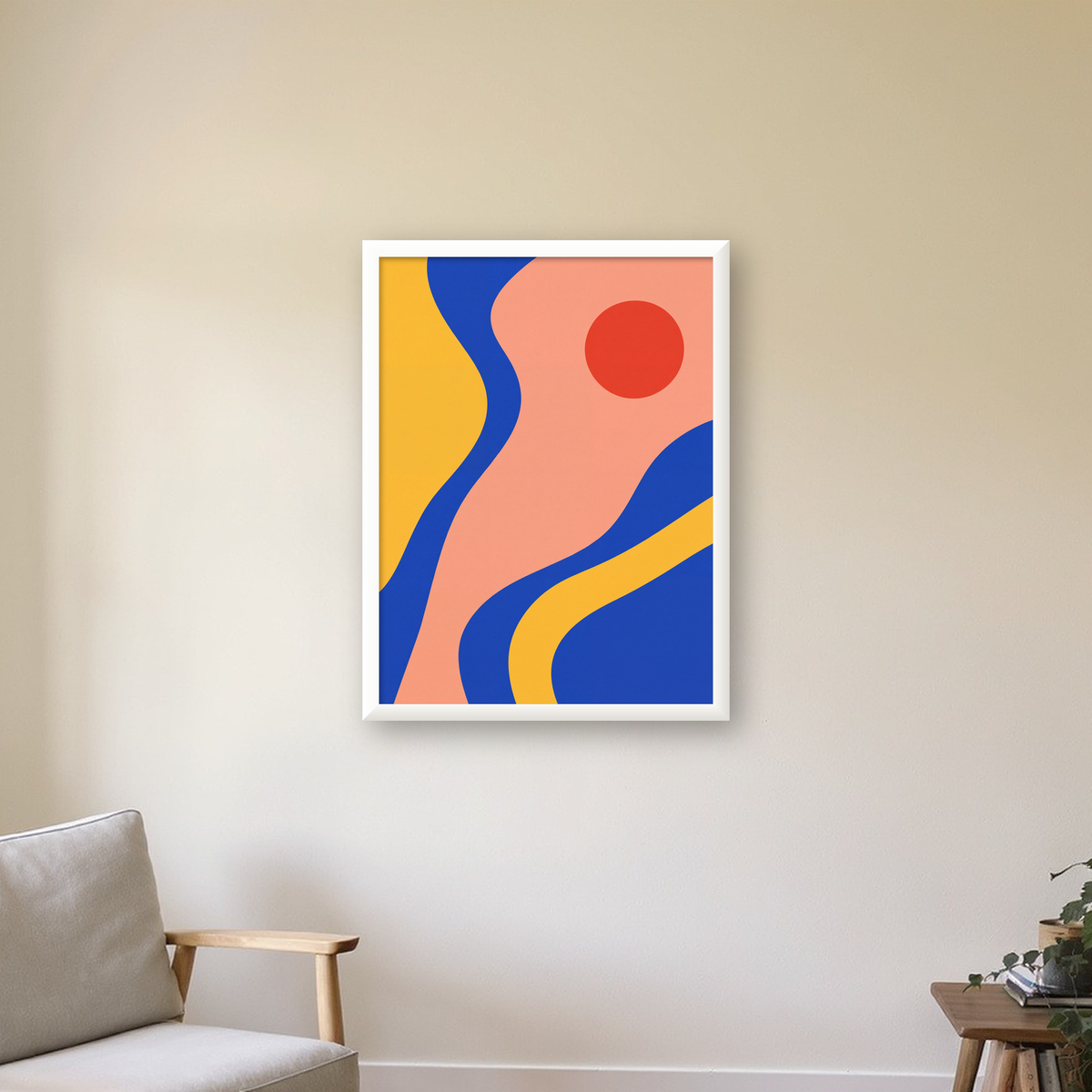 Soyut Dalga Desenli Minimal Dijital Poster - Modern Duvar Sanatı — beyaz çerçeveli dikey poster