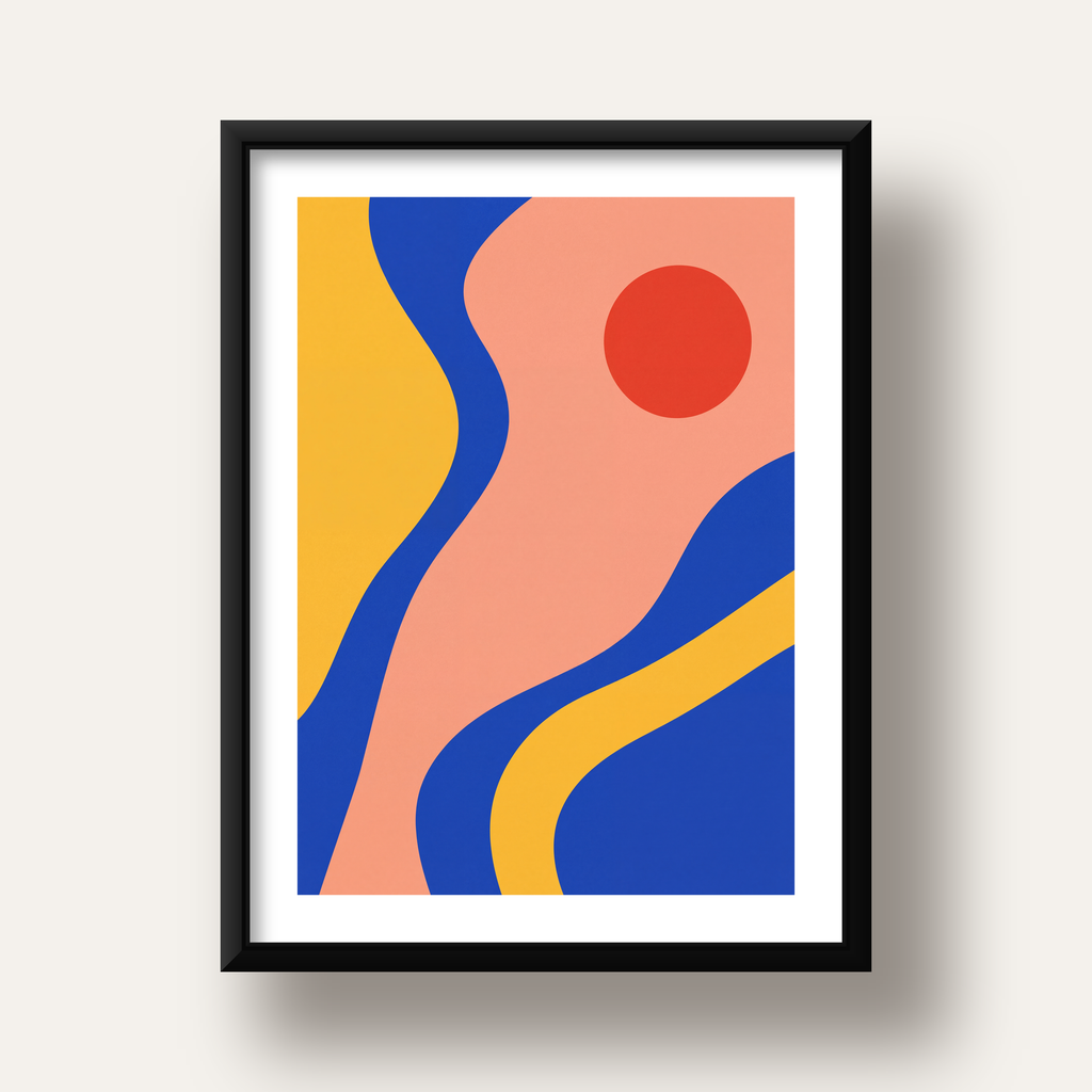 Soyut Dalga Desenli Minimal Dijital Poster - Modern Duvar Sanatı — siyah derin çerçeveli paspartulu