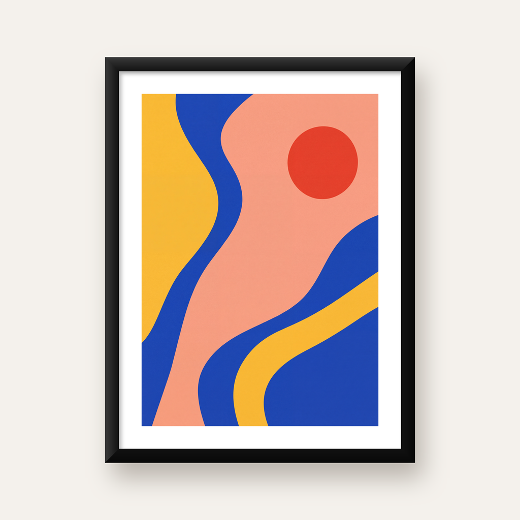 Soyut Dalga Desenli Minimal Dijital Poster - Modern Duvar Sanatı — Dikey baskı, beyaz paspartulu