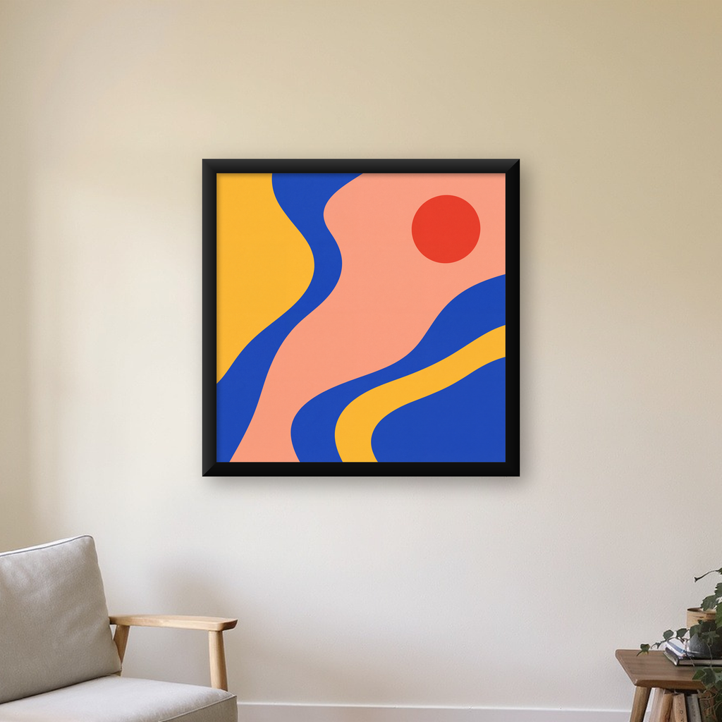 Soyut Dalga Desenli Minimal Dijital Poster - Modern Duvar Sanatı — Kare baskı, çerçeveli hâliyle bir ev duvarında