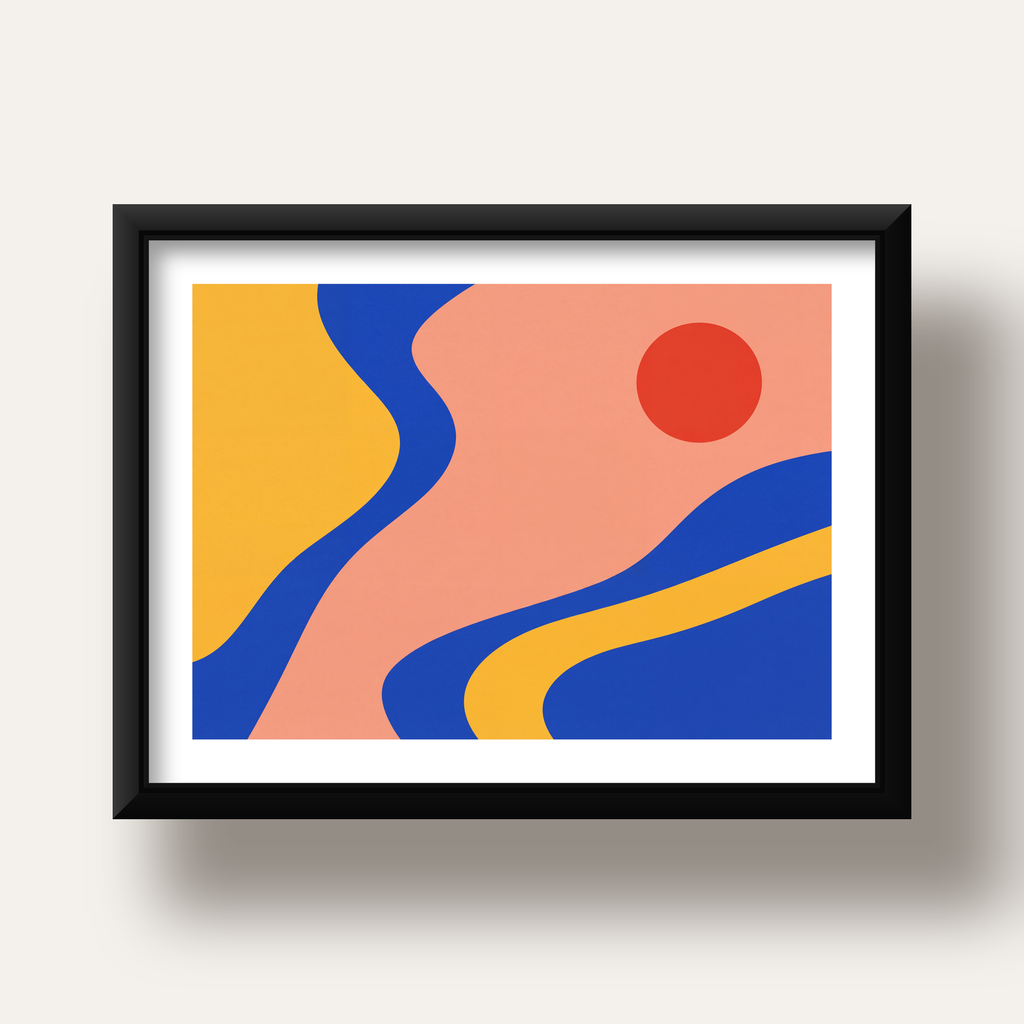 Soyut Dalga Desenli Minimal Dijital Poster - Modern Duvar Sanatı — siyah derin çerçeveli paspartulu