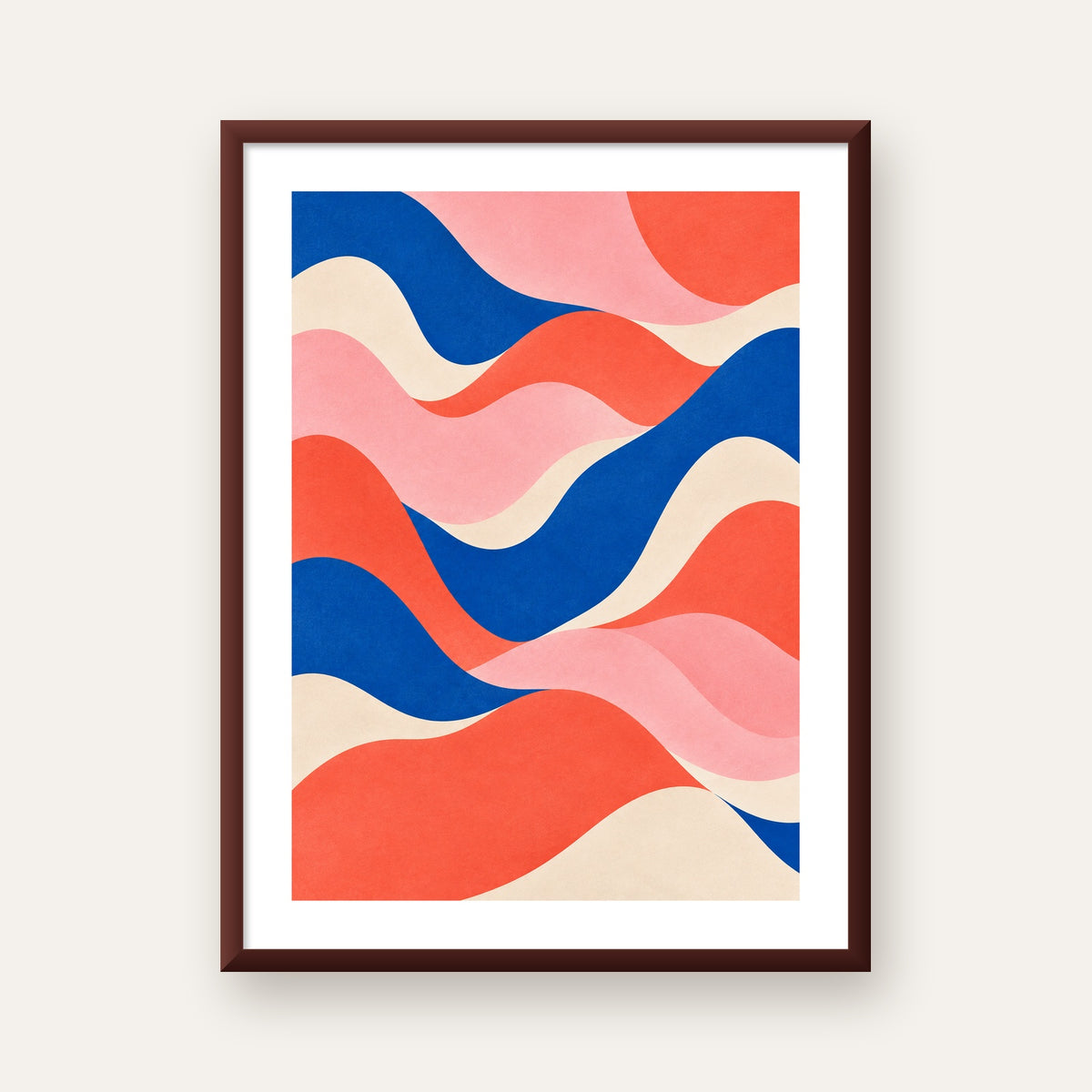 Dalga Formlu Soyut Renkli Poster – Modern Duvar Sanatı — ceviz çerçeveli paspartulu