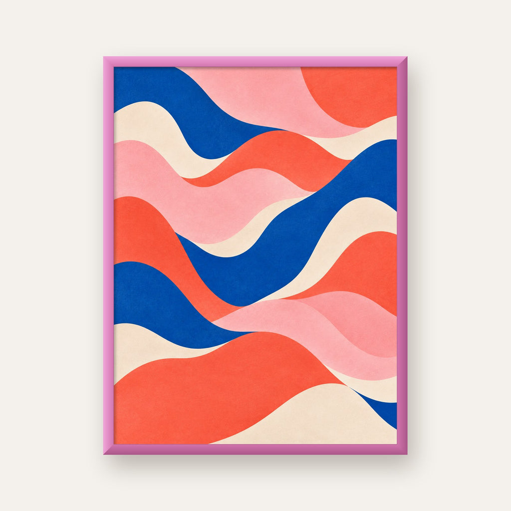 Dalga Formlu Soyut Renkli Poster – Modern Duvar Sanatı — pembe çerçeveli