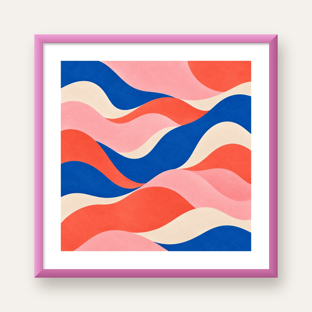 Dalga Formlu Soyut Renkli Poster – Modern Duvar Sanatı — pembe çerçeveli paspartulu