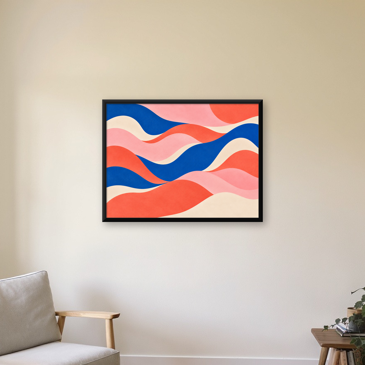 Dalga Formlu Soyut Renkli Poster – Modern Duvar Sanatı — Yatay baskı, çerçeveli hâliyle bir ev duvarında