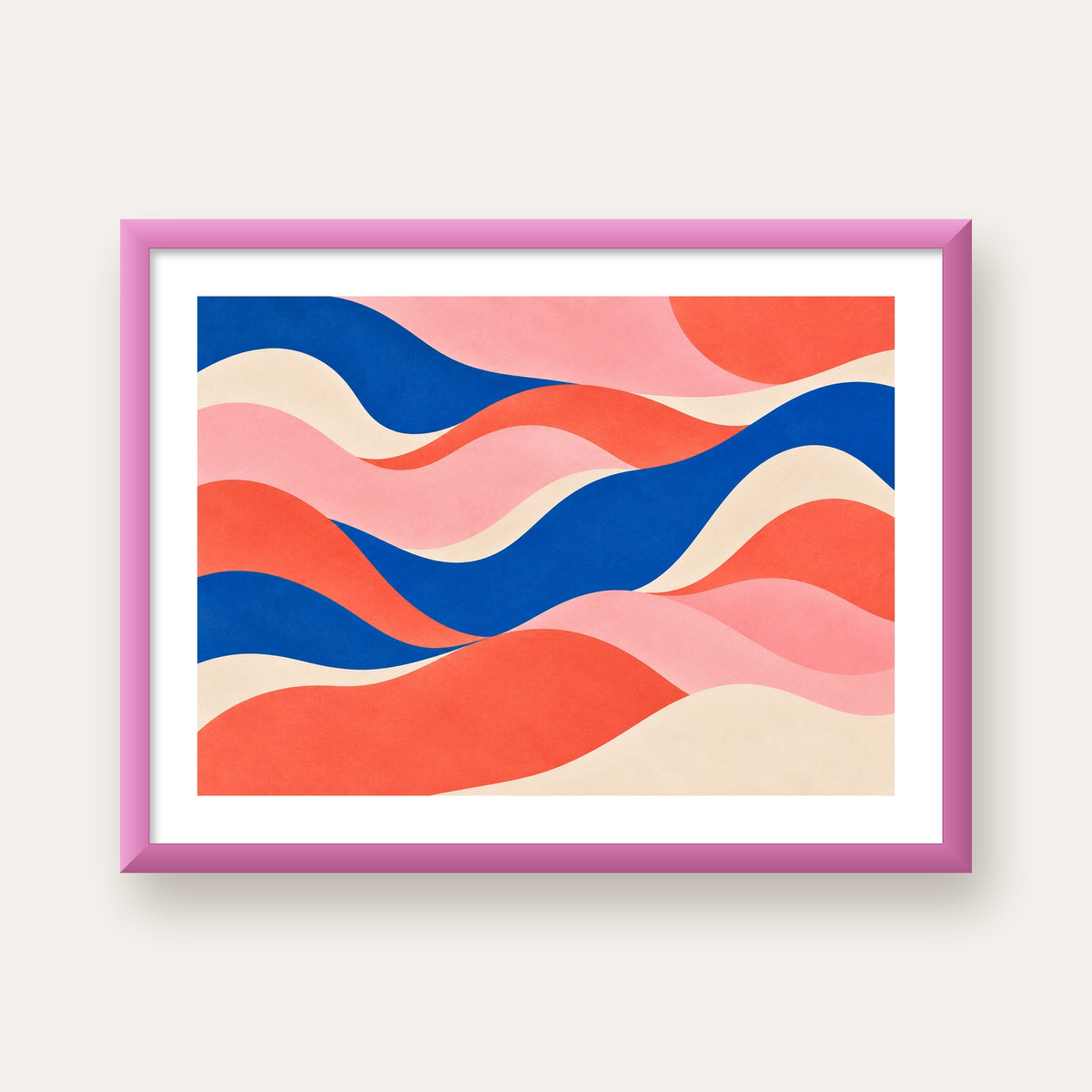 Dalga Formlu Soyut Renkli Poster – Modern Duvar Sanatı — pembe çerçeveli paspartulu
