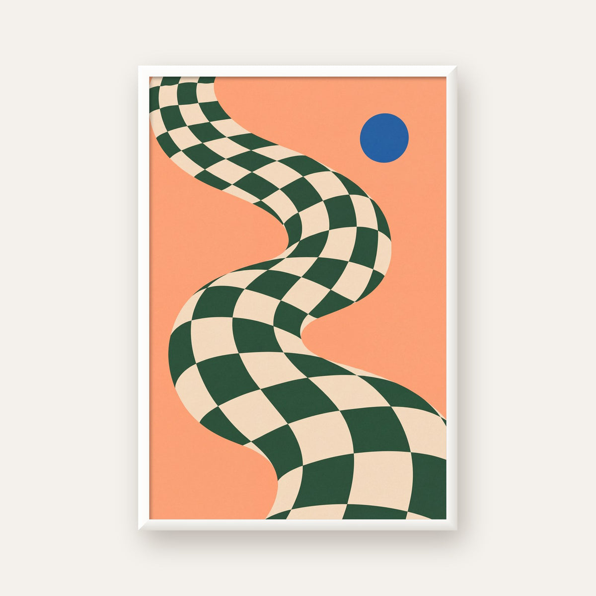 Soyut Dama Desenli Yol ve Mavi Daire Minimal Poster — beyaz çerçeveli dikey poster
