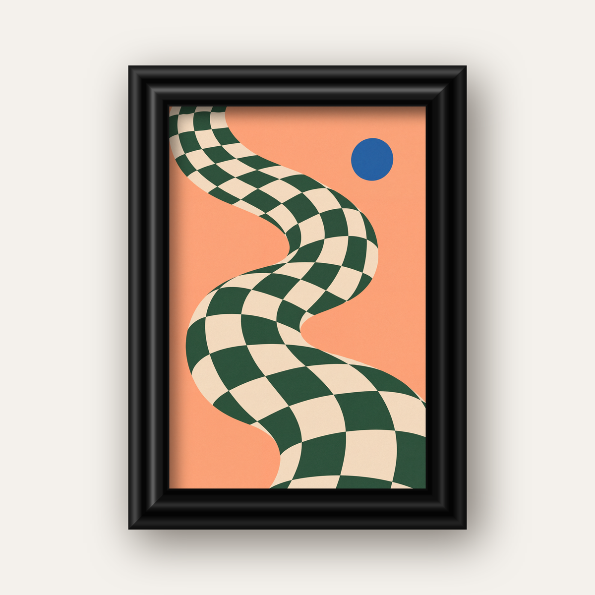Soyut Dama Desenli Yol ve Mavi Daire Minimal Poster — siyah galeri çerçeveli