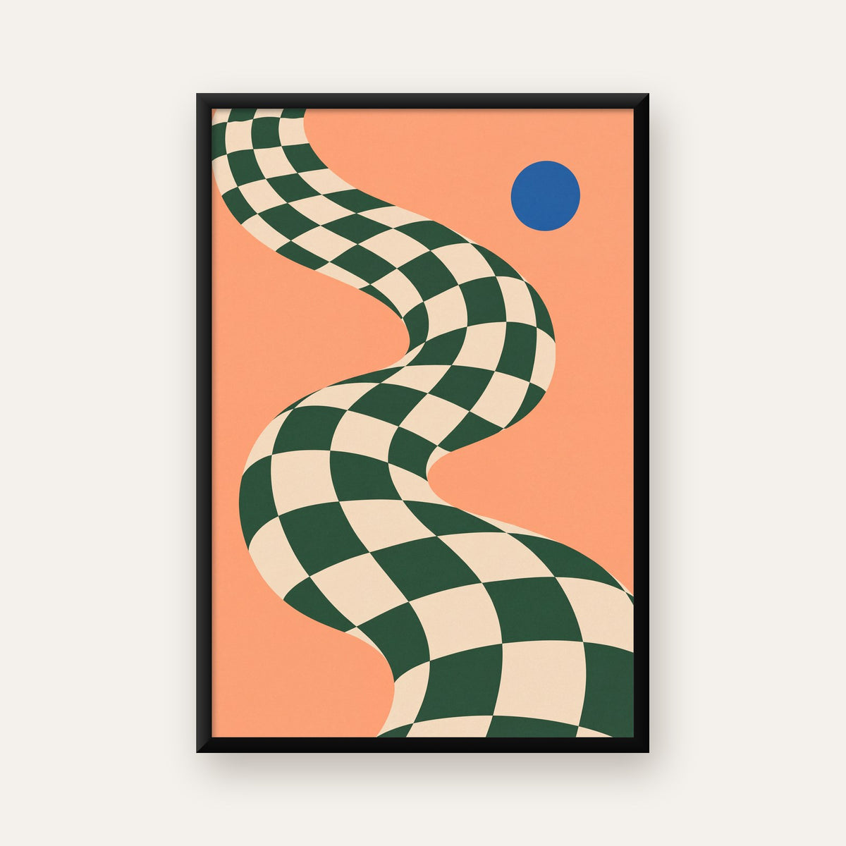 Soyut Dama Desenli Yol ve Mavi Daire Minimal Poster — ceviz çerçeveli
