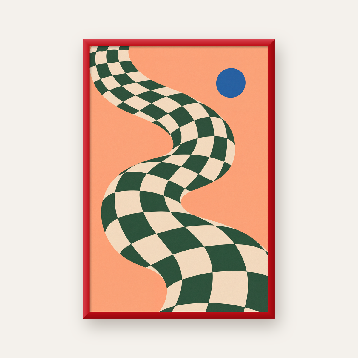 Soyut Dama Desenli Yol ve Mavi Daire Minimal Poster — kırmızı çerçeveli
