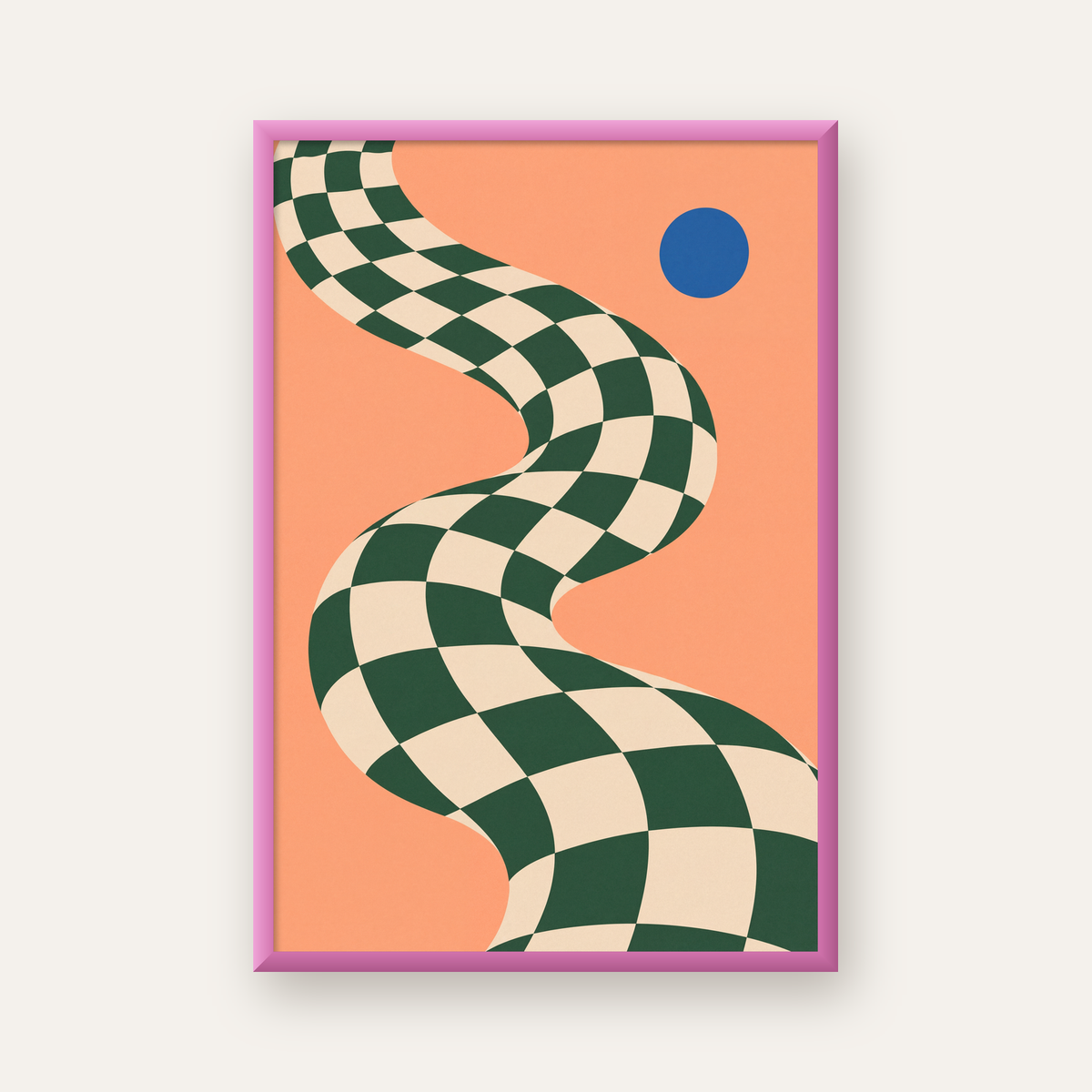 Soyut Dama Desenli Yol ve Mavi Daire Minimal Poster — pembe çerçeveli