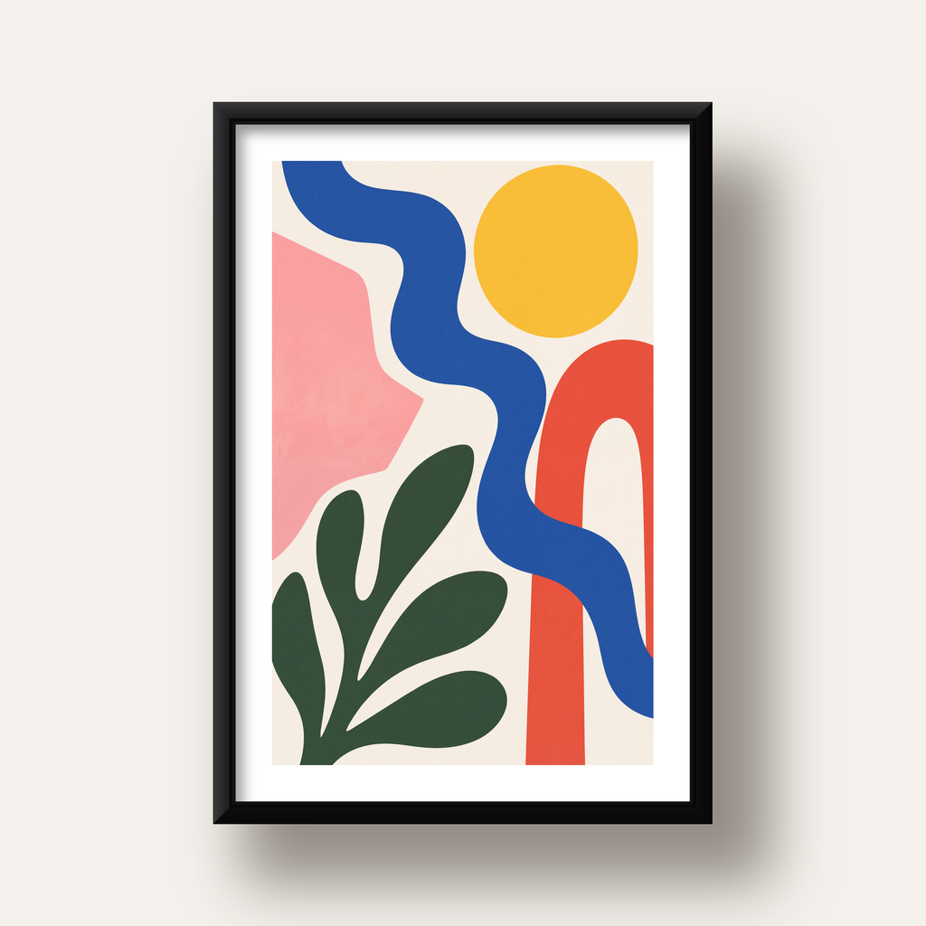 Soyut Doğa Kompozisyonu – Minimal Renkli Poster Baskı — siyah derin çerçeveli paspartulu
