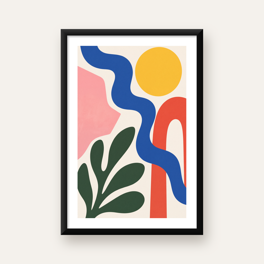 Soyut Doğa Kompozisyonu – Minimal Renkli Poster Baskı — beyaz paspartulu, düz siyah çerçeveli