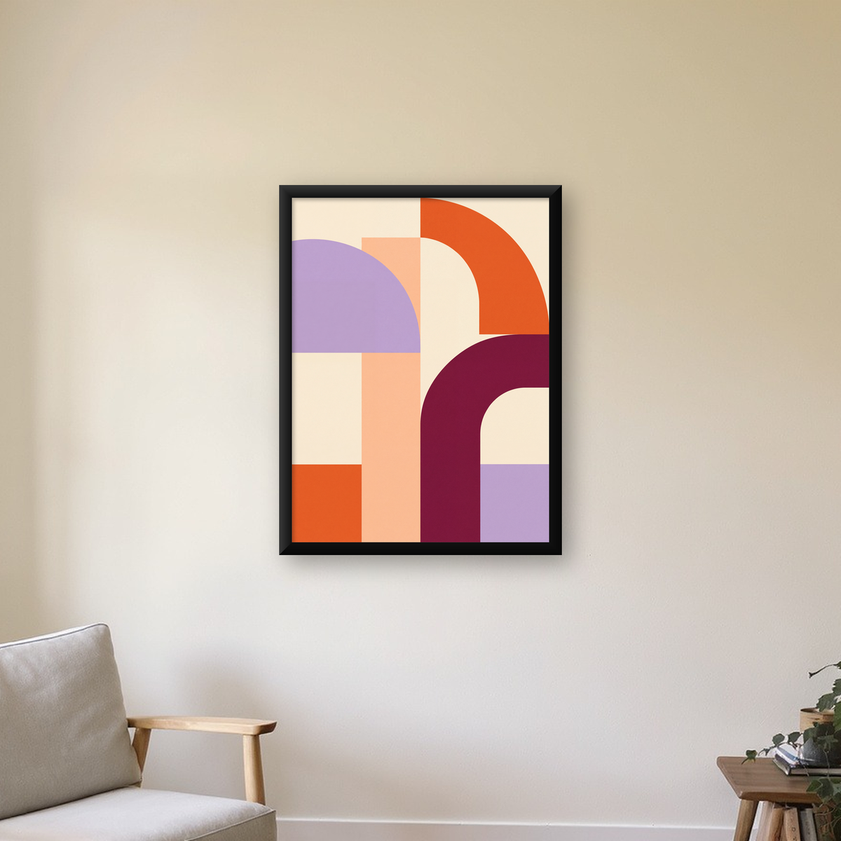Soyut Geometrik Modern Poster – Minimal Sanat Baskısı — Dikey baskı, çerçeveli hâliyle bir ev duvarında