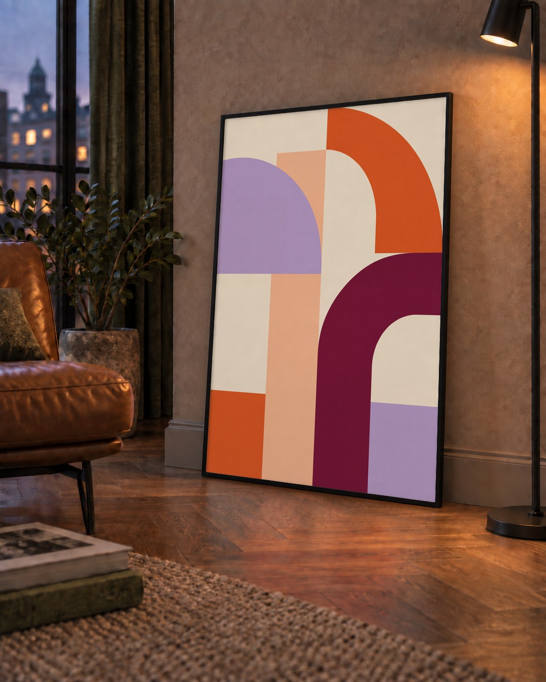 Soyut Geometrik Modern Poster – Minimal Sanat Baskısı — çerçeveli hâliyle bir ev duvarında