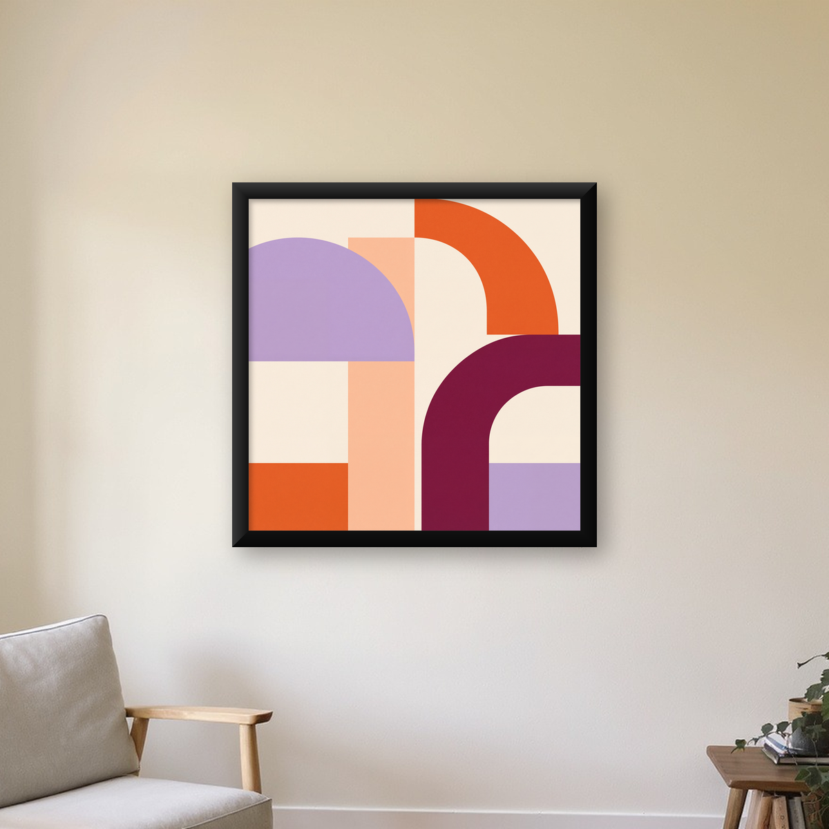 Soyut Geometrik Modern Poster – Minimal Sanat Baskısı — Kare baskı, çerçeveli hâliyle bir ev duvarında