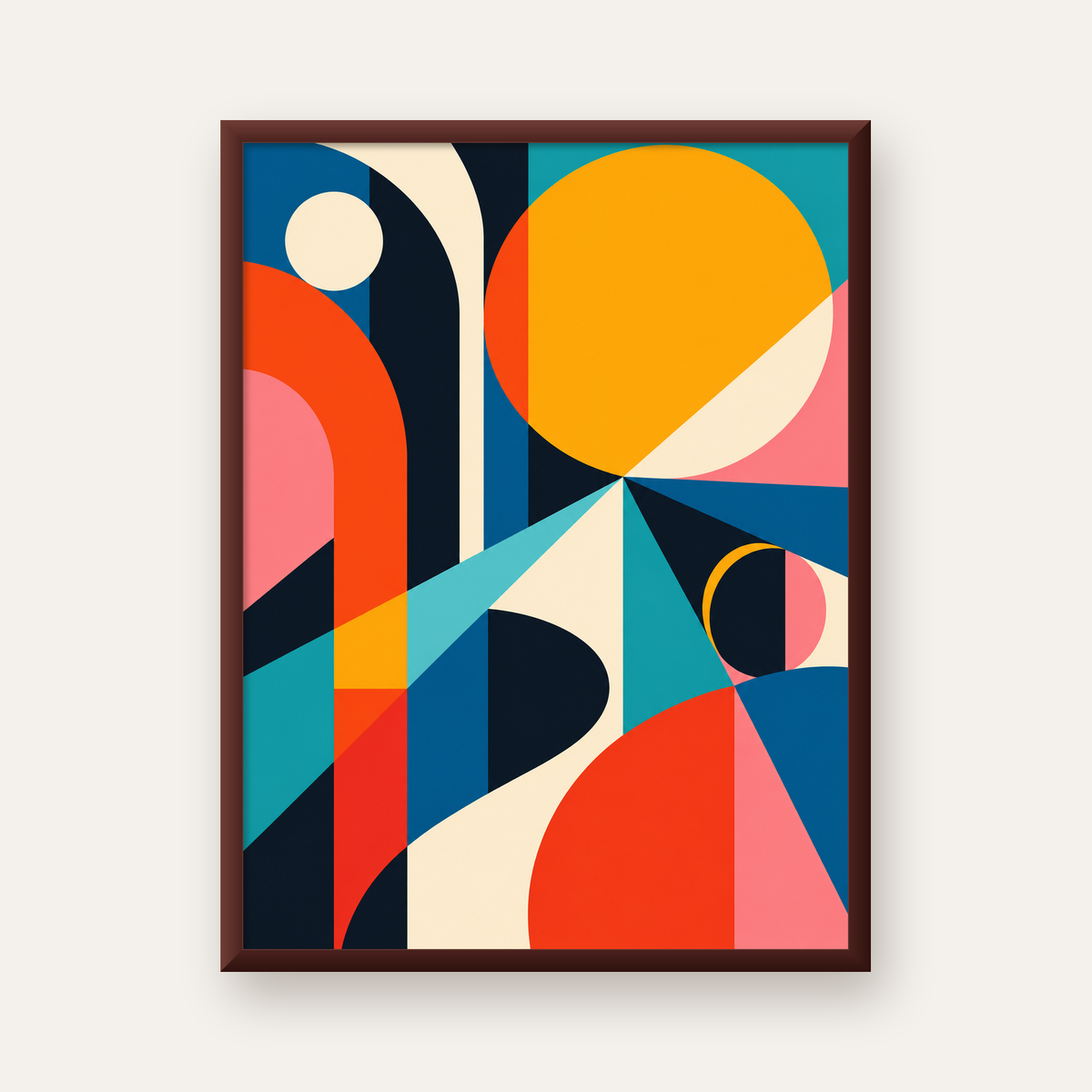 Soyut Geometrik Canlı Renkli Modern Poster Duvar Dekoru — ceviz çerçeveli
