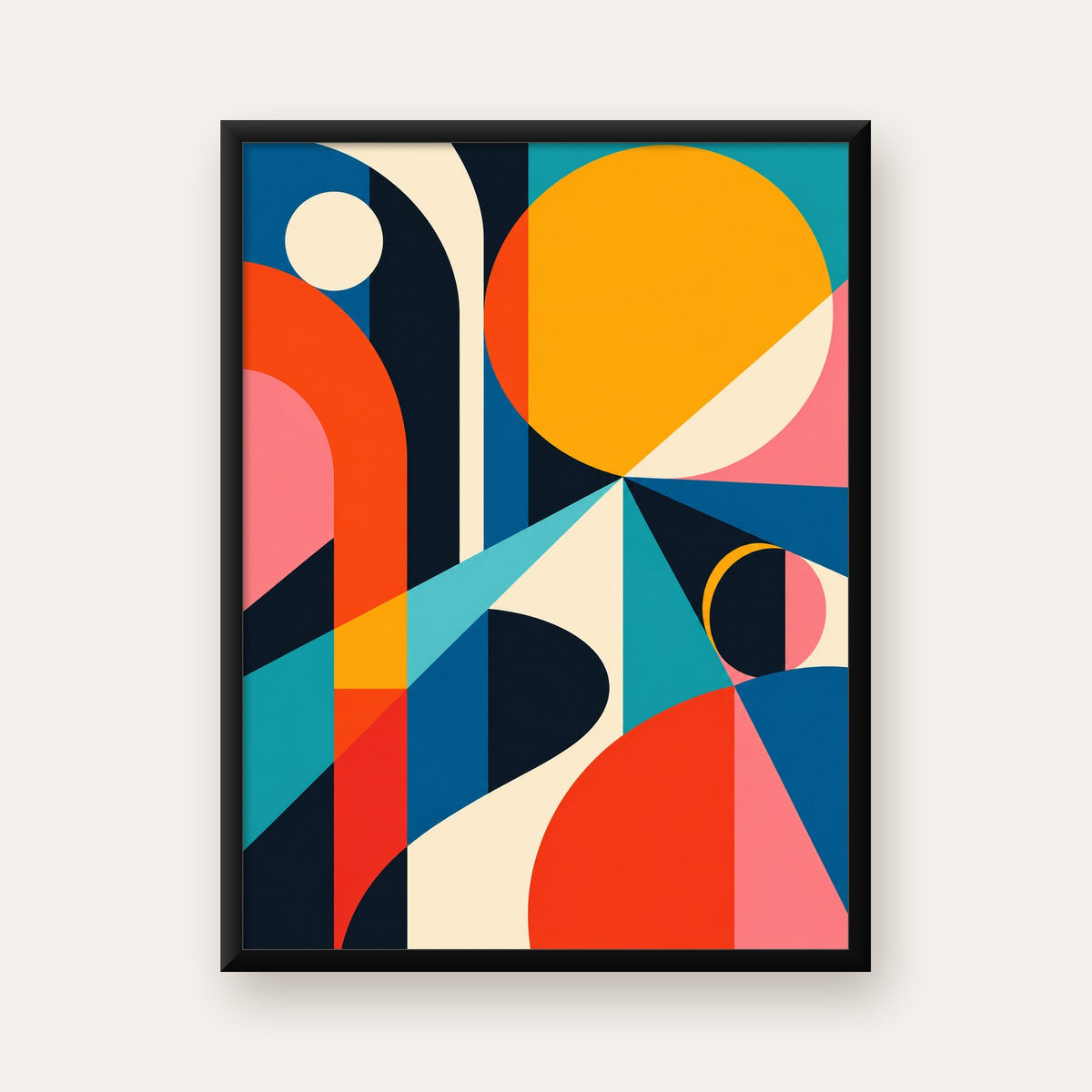 Soyut Geometrik Canlı Renkli Modern Poster Duvar Dekoru — Dikey baskı, düz siyah çerçeveli duvar posteri