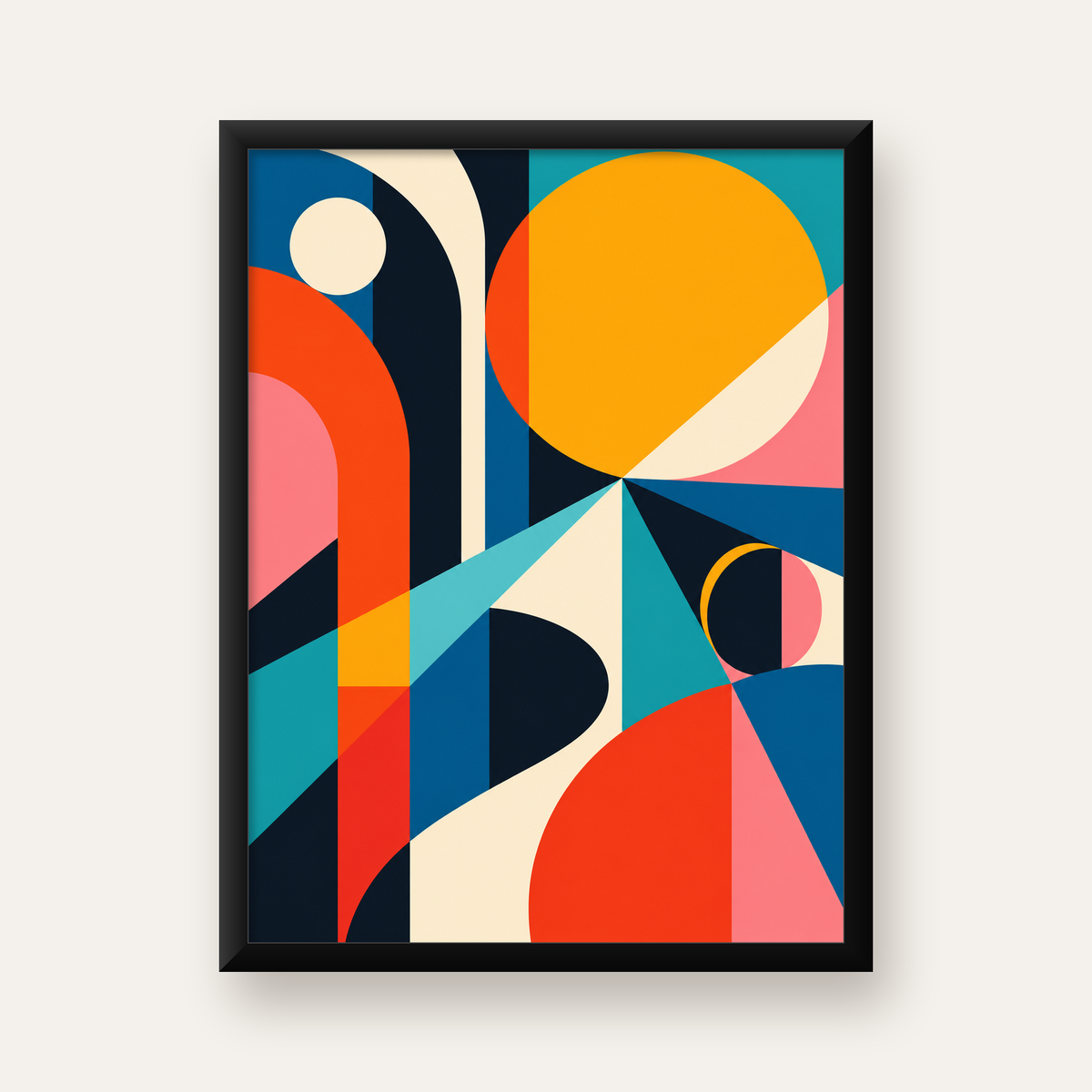 Soyut Geometrik Canlı Renkli Modern Poster Duvar Dekoru — Dikey baskı, düz siyah çerçeveli duvar posteri