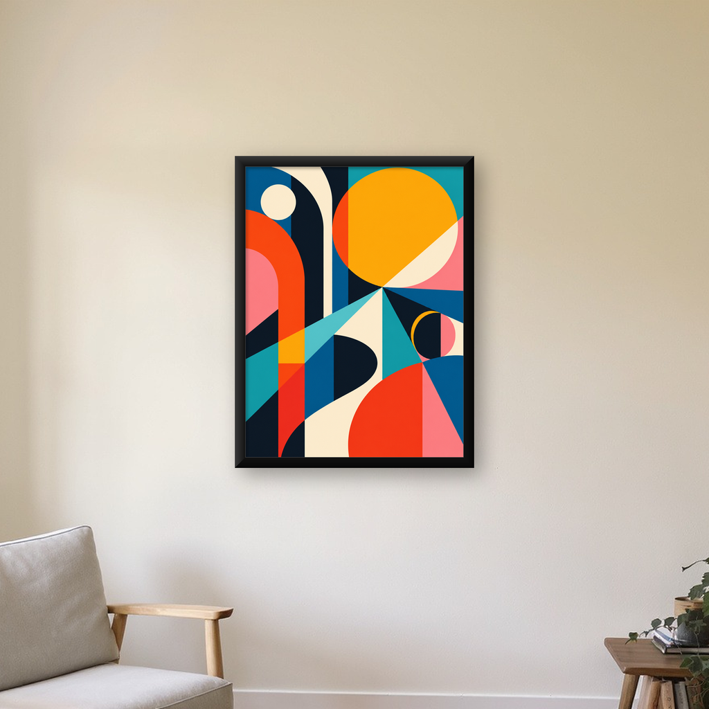 Soyut Geometrik Canlı Renkli Modern Poster Duvar Dekoru — Dikey baskı, çerçeveli hâliyle bir ev duvarında